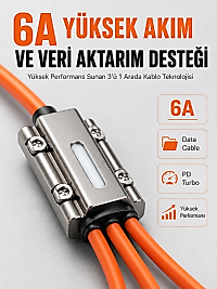 120W Hızlı Şarj Destekli 3'ü 1 Arada Çok Amaçlı Şarj ve Veri Aktarım Kablosu