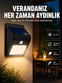 Bahçe ve Dış Mekanlar İçin Güneş Enerjili 20 LED Hareket Sensörlü Lamba Yeni Nesil