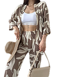 Alt Üst Takım Kimono- Desenli-Kahverengi