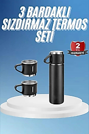 Termos Paslanmaz Çelik Termos Siyah Renk 3 Bardaklı Termos Seti
