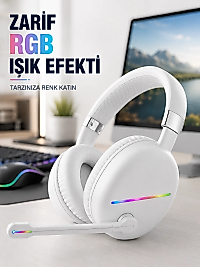 Bluetooth 5.0 Beyaz Kulak Üstü Kablosuz Kulaklık Mikrofonlu RGB Aydınlatmalı