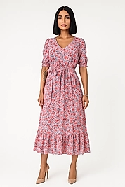 Çiçek Desenli  Yırtmaçlı Elbise - PEMBE