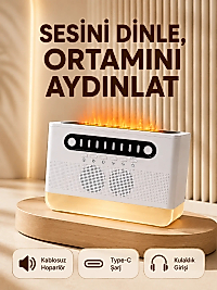 8 Çeşit Beyaz Gürültülü Kablosuz Hoparlör ve Renkli Alev Efektli Gece Lambası