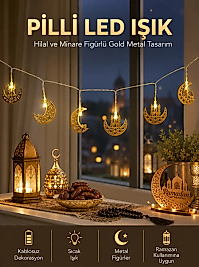 Pilli Minareli Hilal LED Işık Gold Metal Ramazan Dekorasyonu