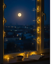 Ramazan Minare Detaylı Hilal LED Işık Günışığı Sarı Metal Süs