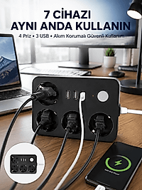 3 USB Çıkışlı 4’lü Akıllı Priz 2500W 2 Metre Kablo