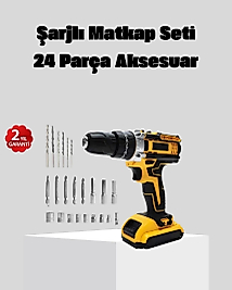 24 Parça Çift Bataryalı Akülü Darbeli Matkap – Güçlü Motor, Metal Dişli, LED Işıklı