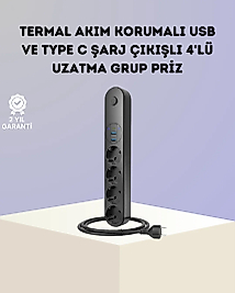Akım Korumalı Çoklu Priz 4’lü 2 USB 1 Type-C 2500W Güçlü Tasarım