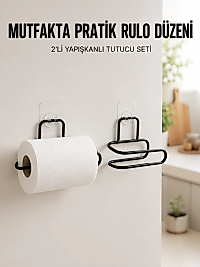 2’li Siyah Metal Rulo Kağıt Tutucu Yapışkanlı Banyo ve Mutfak Kağıtlık