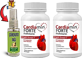 CARDİAMİN FORTE: 2 ADET MULTİVİTAMİNLİ OMEGA3LÜ 60 SOFT JEL KAPSÜLLÜ FORMÜL + 30 ML ÇÖREK OTU MASAJ YAĞI