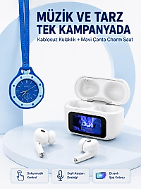 Ekranlı Kablosuz Kulaklık ve Mavi Çanta Charm Saat Kampanya Seti
