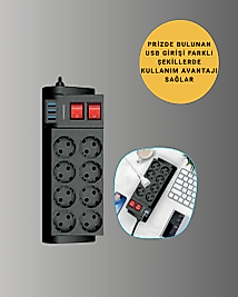 Termal Korumalı 8 Prizli 3 USB’li Uzatma Kablosu Yeni Nesil