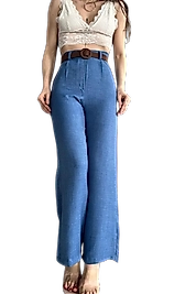 Kemerli Keten Pantolon -MAVİ