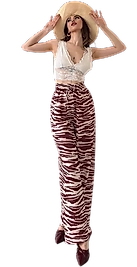 Desenli Belden Lastikli Pantolon - KAHVE DESENLİ