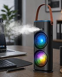 Çift Başlıklı Taşınabilir Fan RGB Işıklı Sprey Nemlendiricili Masaüstü Serinletici Fan