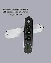 2 Metre Kablolu 3 USB Portlu Anahtarlı Üçlü Priz