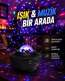 Sesle Etkileşimli Yıldız Projektörlü Gece Lambası – Bluetooth Hoparlörlü, USB Girişli, Dönen Okyanus