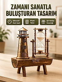 Vintage Kum Saati + Deniz Feneri Modeli – Ahşap Gövdeli Masa Üstü Dekor Yeni Nesil