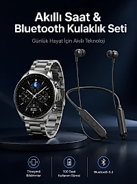 Alarm ve Titreşim Özellikli Akıllı Saat ve Mikrofonlu Kablolu Bluetooth Kulaklık 60 Saat