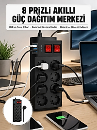2 Metre Güçlü Çoklu Priz 8 Soket Yeni Nesil