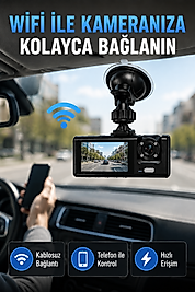 Çift Kameralı WiFi Araç Kamerası 170° Geniş Açı Full HD Araç İçi Kayıt Sistemi