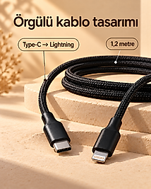 Type C Lightning Örgülü Şarj ve Veri Kablosu 2 Metre