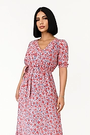 Çiçek Desenli  Yırtmaçlı Elbise - PEMBE