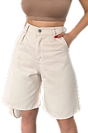 Rahat Kesim  Denim Şort CEPLİ-Krem