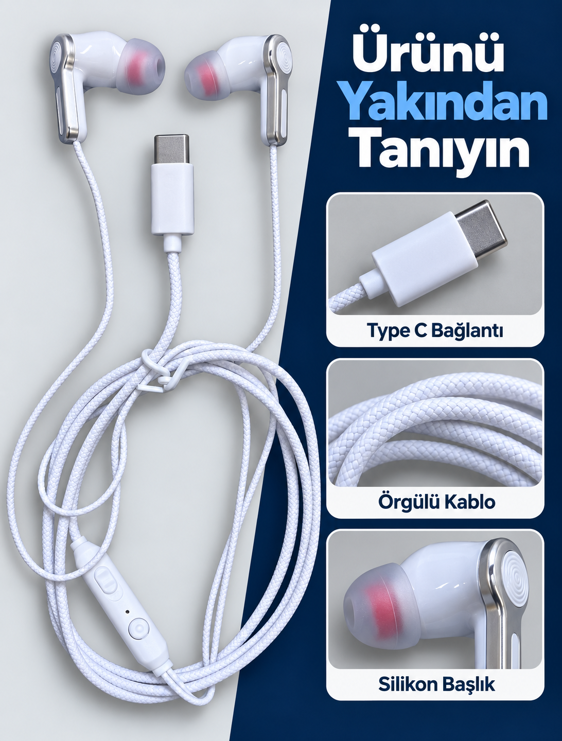 Type C Girişli Mikrofonlu Beyaz Kablolu Kulak İçi Kulaklık
